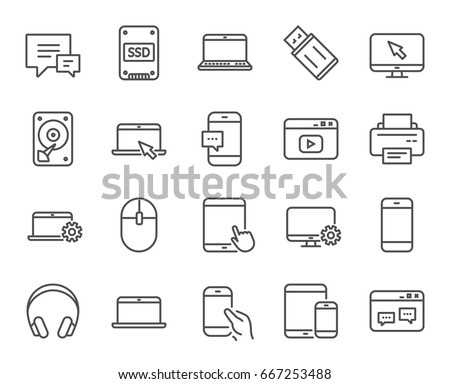 Mobile Devices line icons. Set of Laptop, Tablet PC and Smartphone signs. HDD, SSD and Flash drives. Headphones, Printer and Mouse symbols. Chat speech bubbles. Quality design elements. Vector