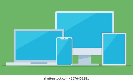 Mobile devices lined up one in front of the other, with a blue screen. Computer monitor, laptop, tablet, mobile phone. Devices template. Devices in white color. Vector illustration in a flat style.