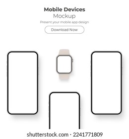 Mobile Devices Mockup. Smartphones and Smart Watch, Isolated on White Background. Vector Illustration