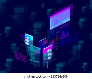 Mobile devices multicolor isometric user interface with transparencies on dark blue background - UX and UI developement concept