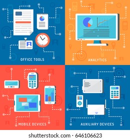 Mobile devices and office items. Set of orthogonal banners 2x2.