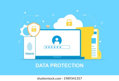Mobile devices with password and fingerprint data protection. Concept of fingerprint scan and identification system to protect important information and documents. Flat cartoon vector illustration