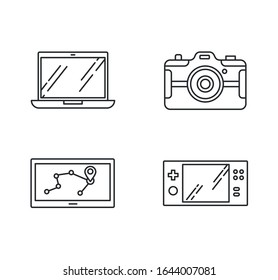 Mobile devices pixel perfect linear icons set. Navigation assistant, game console. Laptop, photo camera. Customizable thin line contour symbols. Isolated vector outline illustrations. Editable stroke