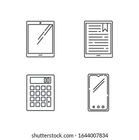 Mobile devices pixel perfect linear icons set. Tablet, e-reader, e-book. Smartphone, calculator. Customizable thin line contour symbols. Isolated vector outline illustrations. Editable stroke