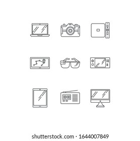 Mobile devices pixel perfect linear icons set. Tablet, laptop, computer. Navigator, smartglasses. Customizable thin line contour symbols. Isolated vector outline illustrations. Editable stroke