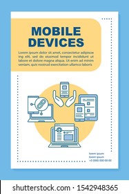 Mobile devices poster template layout. Smartphone and tablet. Mobile application. Banner, booklet, leaflet print design, linear icons. Vector brochure page layout for magazines, advertising flyers