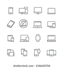 Mobile devices related icons: thin vector icon set, black and white kit