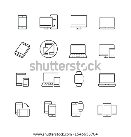Mobile devices related icons: thin vector icon set, black and white kit