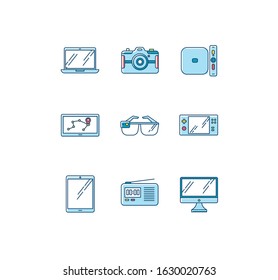 Mobile devices RGB color icons set. Pocket electronic gadgets. Smart technology. Tablet, laptop, computer. Navigator, smartglasses, radio set. Compact digital tools. Isolated vector illustrations