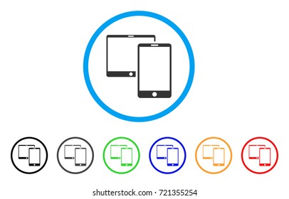 Mobile Devices rounded icon. Style is a flat mobile devices grey symbol inside light blue circle with black, gray, green, blue, red, orange versions. Vector designed for web and software interfaces.