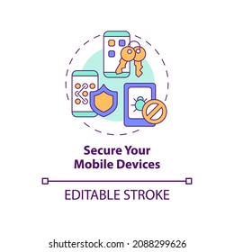 Icono de concepto de seguridad de dispositivos móviles. Conexión segura a Internet móvil. Protección de datos personales en línea, idea abstracta, ilustración de línea delgada. Dibujo de color de contorno aislado del vector. Trazo editable