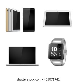 Dispositivos móviles configurados. Smartphone, laptop, reloj inteligente y tablet en formato vectorial