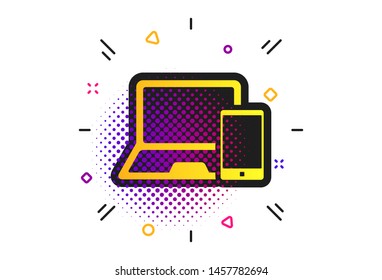 Mobile devices sign icon. Halftone dots pattern. Notebook with smartphone symbol. Classic flat devices icon. Vector