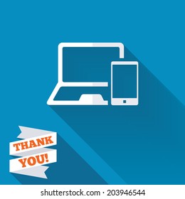 Mobile devices sign icon. Notebook with smartphone symbol. White flat icon with long shadow. Paper ribbon label with Thank you text. Vector
