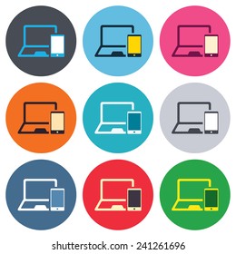 Mobile devices sign icon. Notebook with smartphone symbol. Colored round buttons. Flat design circle icons set. Vector