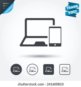Mobile devices sign icon. Notebook with smartphone symbol. Circle and square buttons. Flat design set. Thank you ribbon. Vector