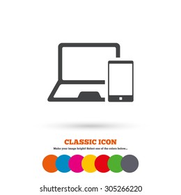 Mobile devices sign icon. Notebook with smartphone symbol. Classic flat icon. Colored circles. Vector