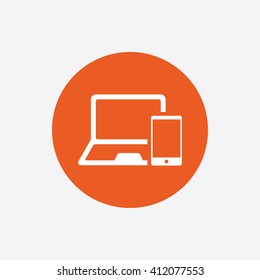 Mobile devices sign icon. Notebook with smartphone symbol. Orange circle button with icon. Vector