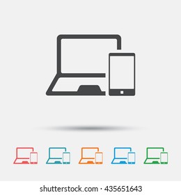 Mobile devices sign icon. Notebook with smartphone symbol. Graphic element on white background. Colour clean flat mobile devices icons. Vector