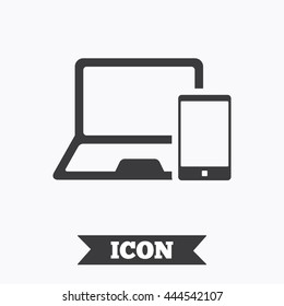 Mobile devices sign icon. Notebook with smartphone symbol. Graphic design element. Flat mobile devices symbol on white background. Vector