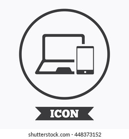 Mobile devices sign icon. Notebook with smartphone symbol. Graphic design element. Flat symbol in circle button. Vector