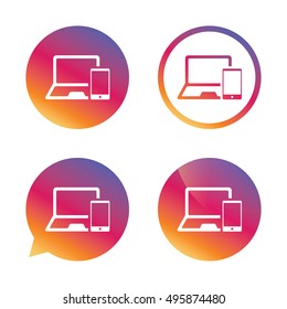 Mobile devices sign icon. Notebook with smartphone symbol. Gradient buttons with flat icon. Speech bubble sign. Vector