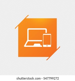 Mobile devices sign icon. Notebook with smartphone symbol. Orange square label on pattern. Vector