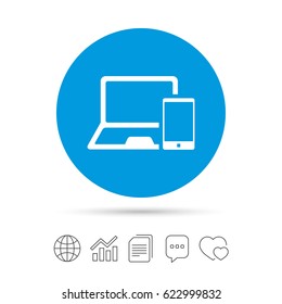 Mobile devices sign icon. Notebook with smartphone symbol. Copy files, chat speech bubble and chart web icons. Vector