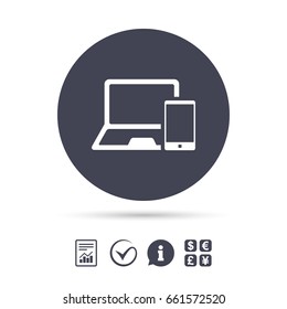 Mobile devices sign icon. Notebook with smartphone symbol. Report document, information and check tick icons. Currency exchange. Vector