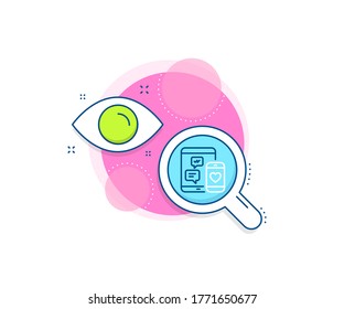 Firma de dispositivos móviles. Icono del complejo de investigación. Icono de línea de mensajes de medios sociales. Símbolo de mensaje de amor para smartphone. Banner de análisis o análisis. Signo de medios sociales. Vector