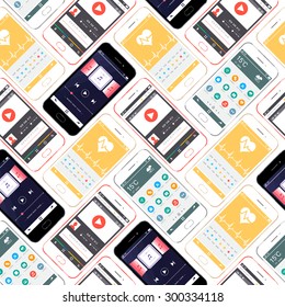 Mobile Devices, Smartphone Seamless Pattern Background. Mobile interface wallpaper design. Health, multimedia, player, icons, weather, web interfaces - Vector Illustration