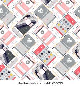 Mobile Devices, Smartphone Seamless Pattern Background. Mobile interface wallpaper design. Health, multimedia, player, icons, weather, web interfaces - Vector Illustration