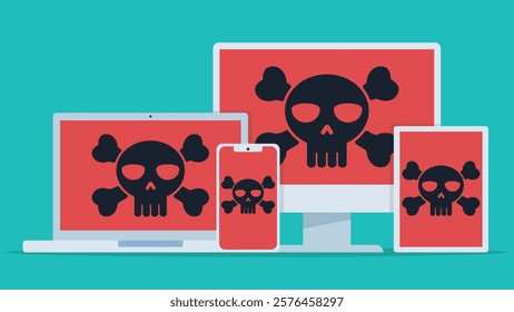 Mobile devices standing one in front of the other, with the virus symbol. Black skull and red background on the devices screens. The devices are white in color. Vector illustration in flat style.