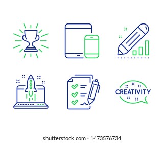 Mobile devices, Survey checklist and Trophy line icons set. Edit statistics, Start business and Creativity signs. Smartphone with tablet, Report, Winner cup. Seo manage. Education set. Vector
