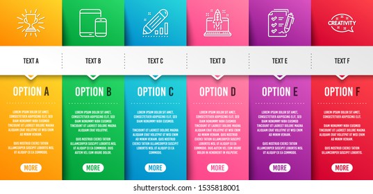 Mobile devices, Survey checklist and Trophy line icons set. Infographic timeline. Edit statistics, Start business and Creativity signs. Smartphone with tablet, Report, Winner cup. Seo manage. Vector