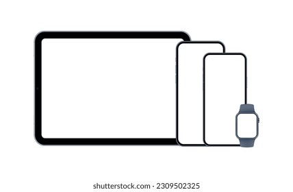 Mobile Devices - Tablet Computer, Smartphones, Wrist Watch, Blank Screens. Vector Illustration