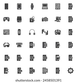 Conjunto de iconos vectoriales de dispositivos móviles, colección de símbolos sólidos modernos, paquete de pictogramas de estilo relleno. Ilustración del logotipo de los carteles. Conjunto incluye icono - teléfono móvil, smartphone, tableta, ordenador portátil, reloj inteligente