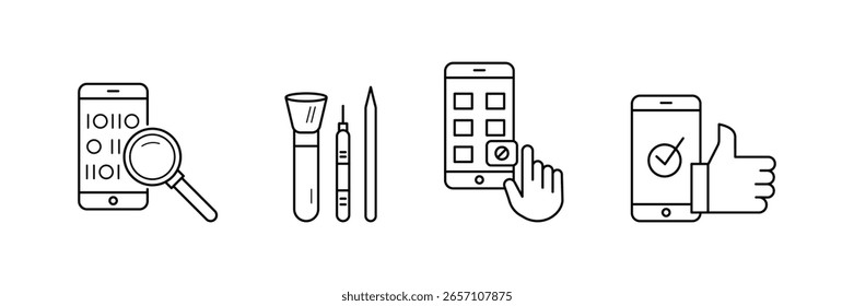  Mobile diagnostics cleaning tools approval inspection checklist interface app maintenance icon vector illustration for device service and repair set.