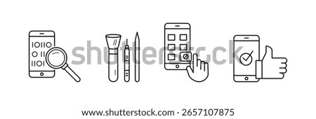  Mobile diagnostics cleaning tools approval inspection checklist interface app maintenance icon vector illustration for device service and repair set.