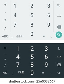 Mobile dial keypad keyboard with numbers and letter set for smartphone. Light and dark ui theme. Vector illustration