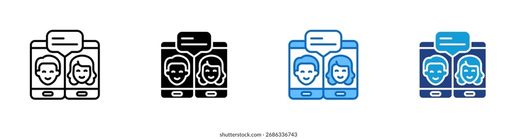 Mobile Dialog Multiple Style Icon Design Vetor - Dois smartphones com rostos e bolhas de bate-papo, simbolizando mensagens ou comunicação por vídeo