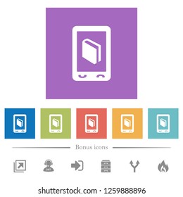 Mobile dictionary flat white icons in square backgrounds. 6 bonus icons included.