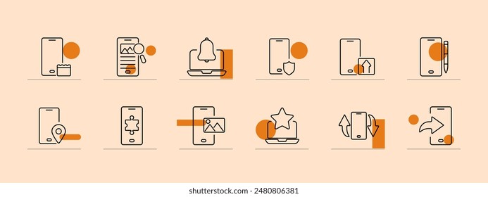 Die Liniensymbole für mobile und digitale Geräte sind festgelegt. Smartphone, Laptop, Tablet, Mikrofon, Button spielen, Geldbörse. Technologie, Digitalkommunikationskonzept