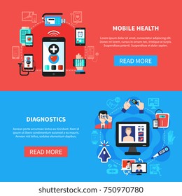 Mobile digital health software devices gadgets for measurements and diagnostics 2 horizontal flat banners isolated vector illustration 