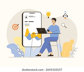 Marketing digital móvel. Promoção da Internet com smartphone. Homem criando conteúdo de anúncio diferente, analisando dados. Ilustração de vetor plano.	
