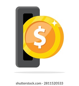 Mobile digital payment with coin online financial transaction illustration flat vector isolated on white background electronic commerce banking technology concept design
