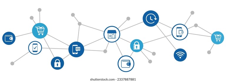 Mobile  digital wallet vector illustration. Concept with city background and icons related to contactless payment, e-commerce, electronic transactions, money transfer, buying  paying with smart phone.