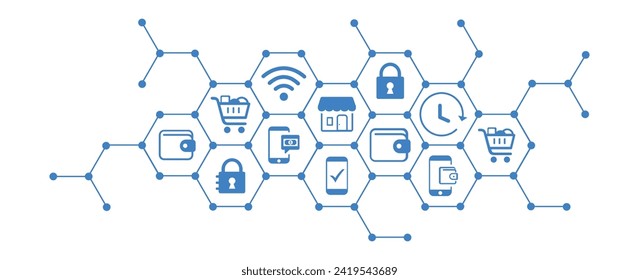 Ilustración vectorial de cartera digital móvil. Concepto con antecedentes de ciudad e íconos relacionados con pagos sin contacto, comercio electrónico, transacciones electrónicas, transferencia de dinero, compra de pago con smartphone.