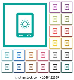 Mobile display brightness flat color icons with quadrant frames on white background