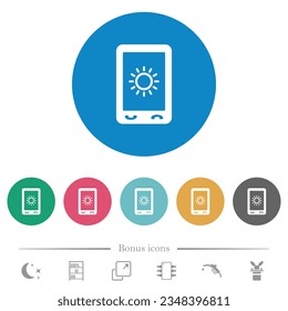 Mobile display brightness flat white icons on round color backgrounds. 6 bonus icons included.